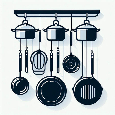 Kitchen utensils hanging on the wall. Vector illustration.のイラスト素材