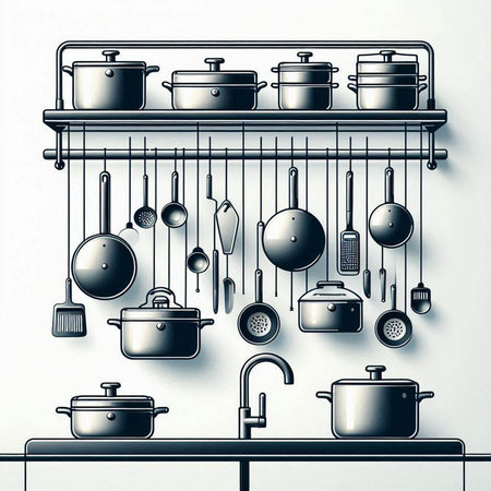 Kitchen utensils hanging on the wall. 3d renderingのイラスト素材