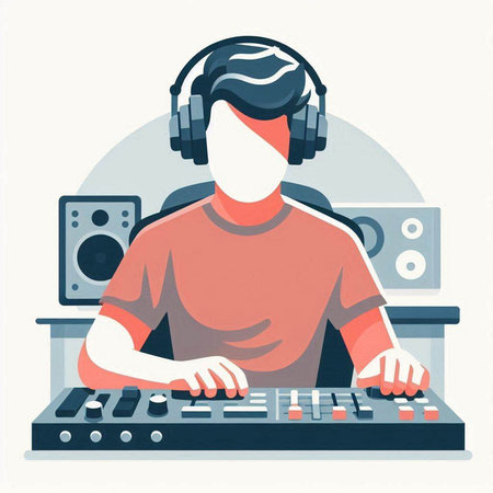 DJ playing music on mixer. Vector illustration in flat cartoon style.のイラスト素材