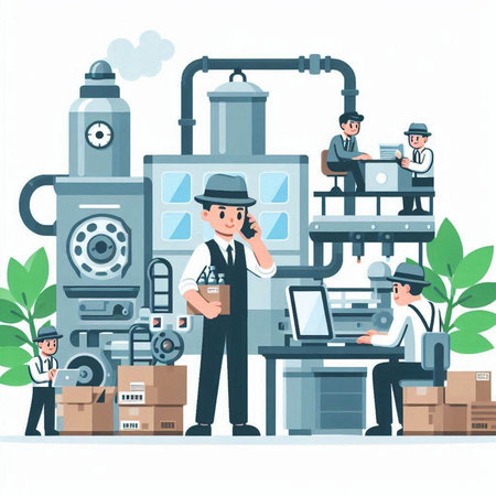 Vector illustration of a factory worker working with machinery and equipment in flat styleのイラスト素材