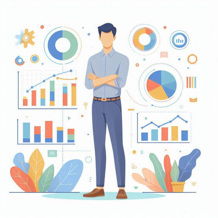 Businessman standing with crossed arms. Vector illustration in flat style.のイラスト素材