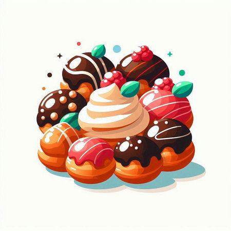 Vector illustration of a set of different sweet cakes with cream and chocolateのイラスト素材