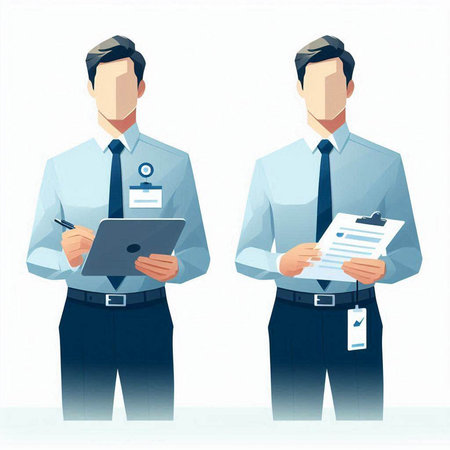 Vector illustration of two businessmen with clipboard and document in their hands.のイラスト素材