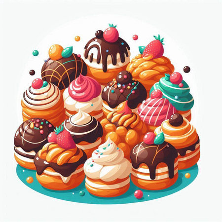 Vector illustration of sweet pastries, muffins, cakes, cupcakes, donuts.のイラスト素材