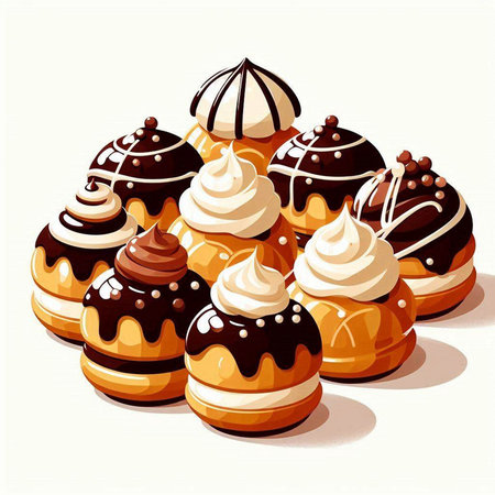 Vector illustration of a group of sweet cakes with cream and chocolate.のイラスト素材
