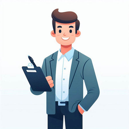 Businessman with clipboard and pen. Vector illustration in cartoon style.のイラスト素材