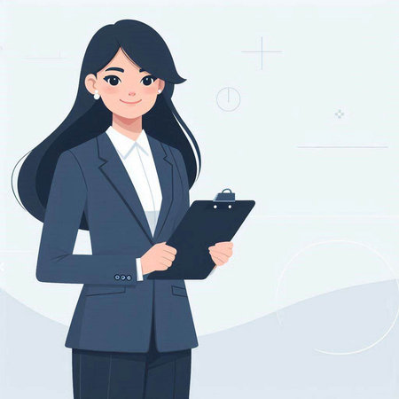 Businesswoman holding clipboard and looking at camera. Vector illustration in cartoon style.のイラスト素材