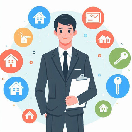 Real estate agent. Businessman with house icons. Vector illustration.のイラスト素材