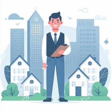 Real estate agent holding clipboard. Vector illustration in flat cartoon style.のイラスト素材