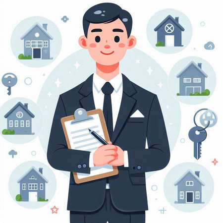 Real estate agent. Young man holding clipboard and pen. Vector illustration in flat styleのイラスト素材