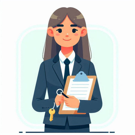 Female real estate agent holding a key and clipboard. Vector illustration in cartoon style.のイラスト素材