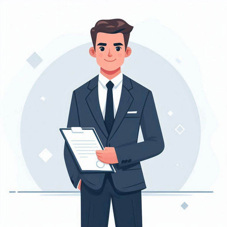 Businessman in a suit holding a clipboard. Vector illustration in cartoon style.のイラスト素材
