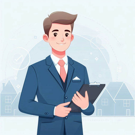 Businessman with clipboard. Vector illustration in cartoon style on white background.のイラスト素材