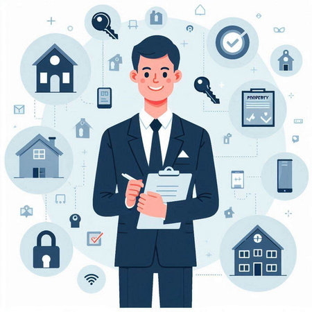 Real estate agent. Young man in a suit. Vector illustration.のイラスト素材