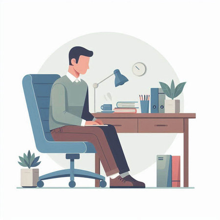 Businessman sitting at his desk in office. Flat vector illustration.のイラスト素材