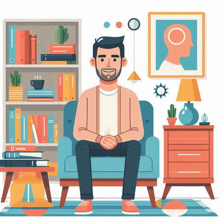 Man sitting on chair in living room. Vector illustration in flat styleのイラスト素材