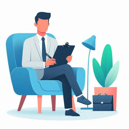 Businessman sitting in armchair and writing on clipboard. Vector illustration.のイラスト素材