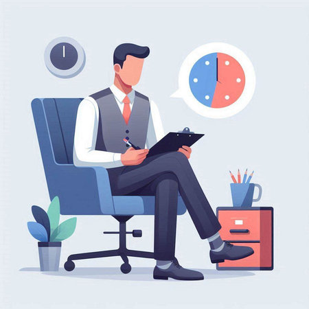 Businessman writing on clipboard and sitting in armchair. Vector illustrationのイラスト素材