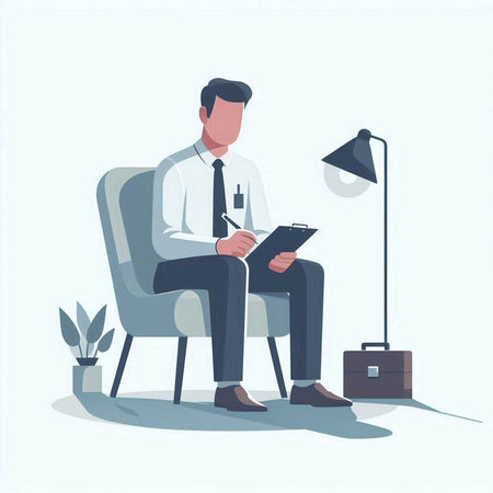 Businessman sitting in armchair and writing notes. Vector illustration.のイラスト素材