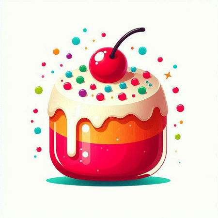 Cake with cherry on a white background. Vector illustration in cartoon style.のイラスト素材