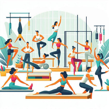 Group of people practicing yoga in the gym. Flat vector illustration.のイラスト素材