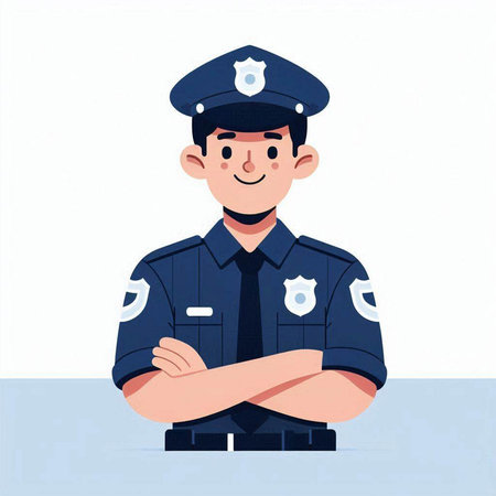 Policeman in uniform with crossed arms. Vector illustration in flat styleのイラスト素材