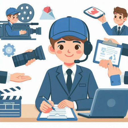 Cinema concept with cartoon character. Vector illustration in a flat style.のイラスト素材