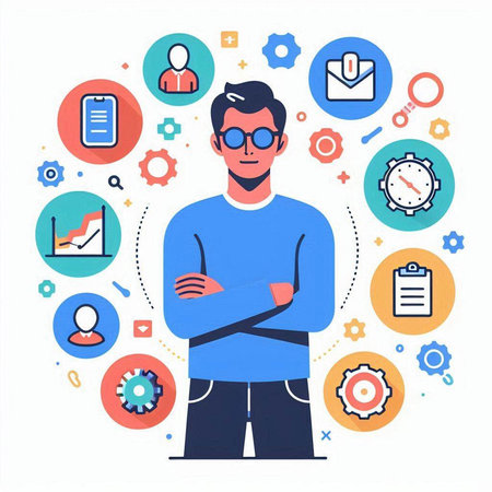 Vector illustration of young man with crossed arms. Flat design style.のイラスト素材