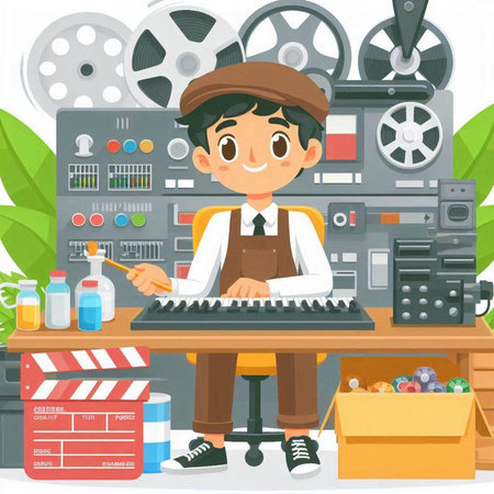 Cinema movie production vector illustration. Cartoon man in cartoon style.のイラスト素材