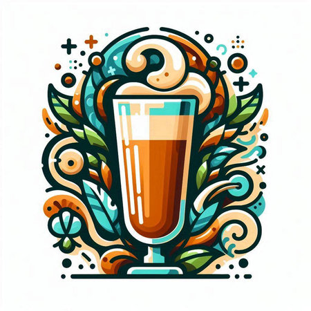 Colorful vector illustration of a glass of coffee with foam and leavesのイラスト素材
