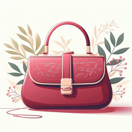 Illustration of a red leather handbag on a background of leavesのイラスト素材