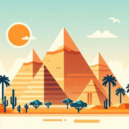 Egypt pyramids and desert landscape. Vector illustration in flat style.のイラスト素材