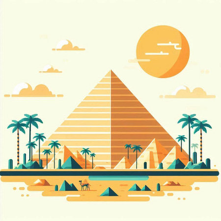 Egyptian pyramids with palm trees and sun. Vector illustration.のイラスト素材