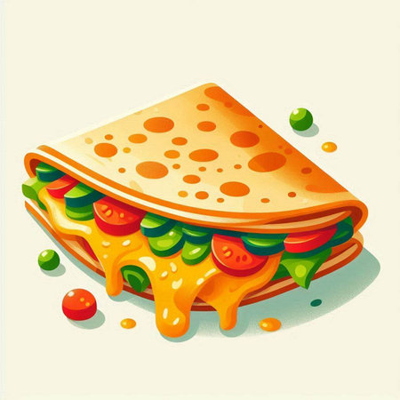 Illustration of a hot sandwich with cheese, tomato, cucumber and onionのイラスト素材
