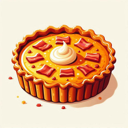 Illustration of a pie with cream and bacon on a white backgroundのイラスト素材