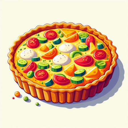 Illustration of a pie with tomatoes, mozzarella, cucumbers and onionsのイラスト素材