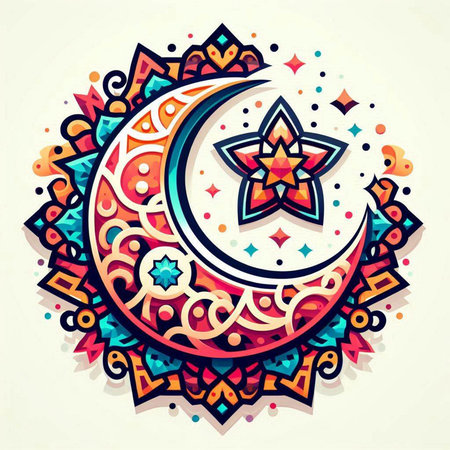 Colorful vector illustration with crescent moon and stars in ethnic styleのイラスト素材