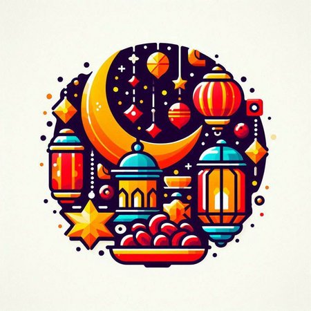Ramadan Kareem greeting card with lanterns, moon and stars. Vector illustrationのイラスト素材
