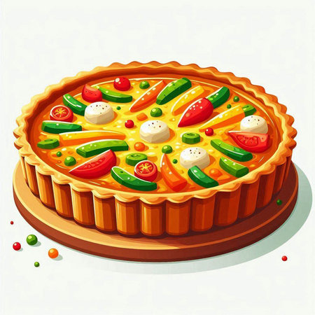 Illustration of a pie with tomatoes, peppers and mozzarellaのイラスト素材