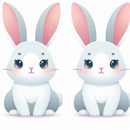 Two cute white rabbits on a white background. Cartoon style. Vector illustration.のイラスト素材