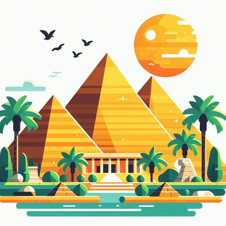 Egyptian pyramids and palm trees. Vector illustration in flat styleのイラスト素材