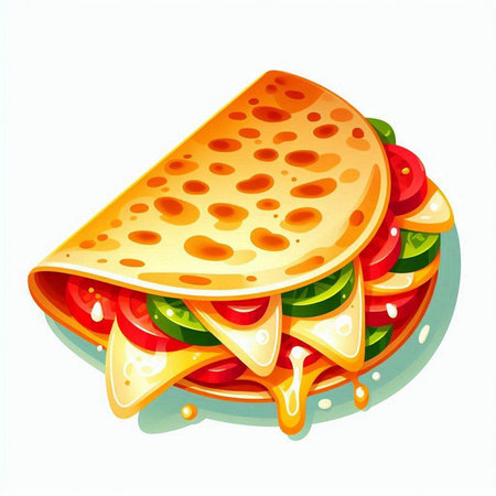Illustration of pizza with cheese, tomato and cucumber on white backgroundのイラスト素材