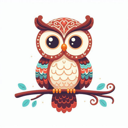 Cute cartoon owl sitting on a tree branch. Vector illustration.のイラスト素材