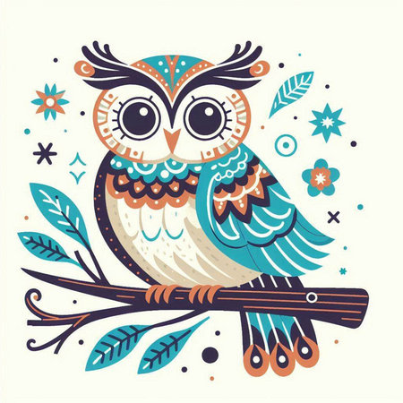Cute owl on tree branch. Vector illustration in doodle style.のイラスト素材