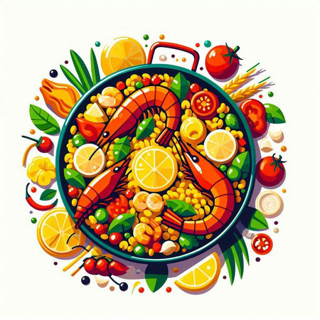 Seafood dish with shrimp, mussels, prawns, lemons, tomatoes and corn. Vector illustrationのイラスト素材