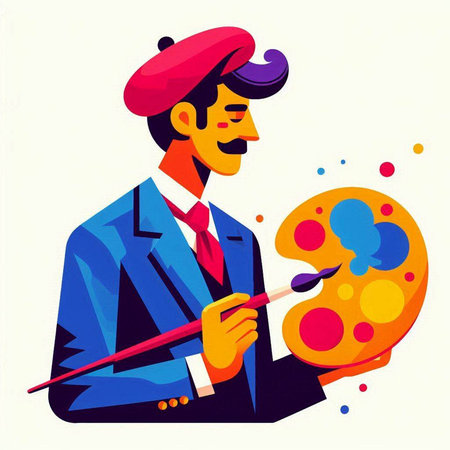 Artist with palette, brush and palette. Flat style vector illustration.のイラスト素材