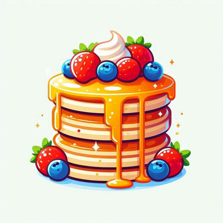 Vector illustration of a stack of pancakes with berries and maple syrup.のイラスト素材