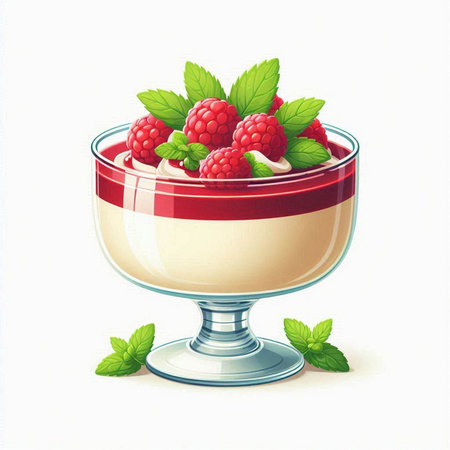 Delicious dessert with fresh raspberries and mint in glass bowl. Vector illustration.のイラスト素材