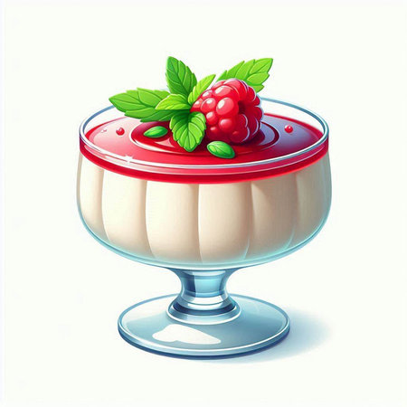 Illustration of a glass cup with raspberry panna cotta on a white backgroundのイラスト素材