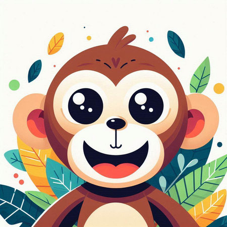 Cute cartoon monkey on a background of leaves. Vector illustration.のイラスト素材